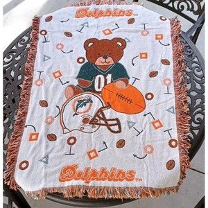 Vintage Northwest Miami Dolphins Knit Woven Baby  Blanket Teddy Bear NFL 32"x45"